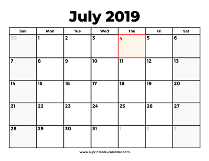July 2019 Calendar With Holidays