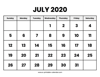 July 2020 Calendar Printable