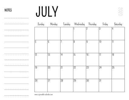 July 2020 Printable Calendar