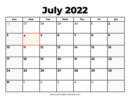 July 2022 Calendar With Holidays