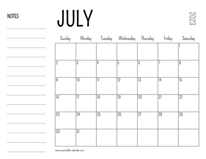 July 2023 Printable Calendar
