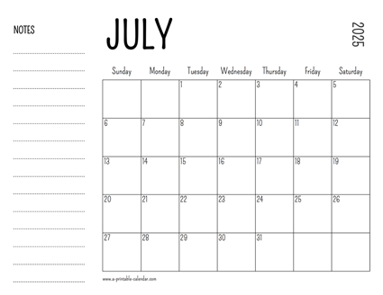 July 2025 Printable Calendar