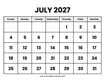 July 2027 Calendar Printable