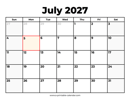 July 2027 Calendar With Holidays