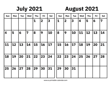 July and August 2021 Calendar