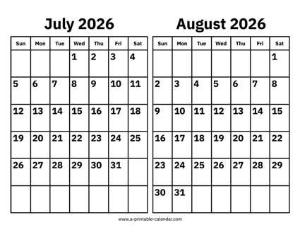 July and August 2026 Calendar