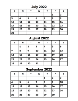 July, August and September 2022 Calendar