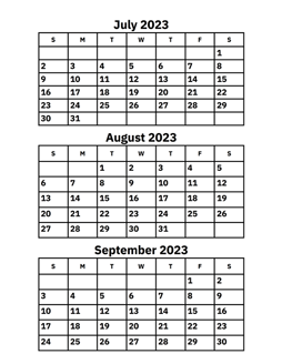 July, August and September 2023 Calendar