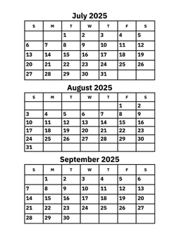 July, August and September 2025 Calendar