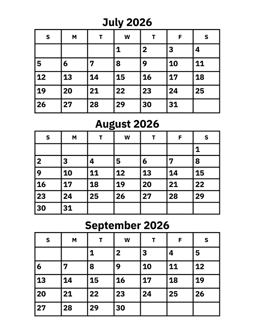 July, August and September 2026 Calendar
