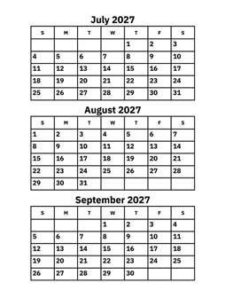 July, August and September 2027 Calendar
