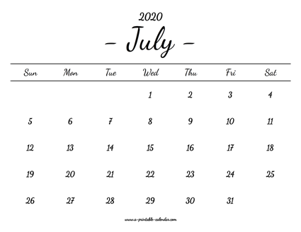 July Calendar 2020 Printable