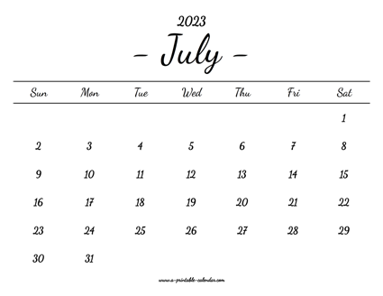 July Calendar 2023 Printable