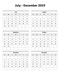 July to December 2019 Calendar