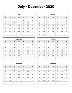 July to December 2020 Calendar