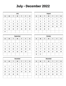 July to December 2022 Calendar