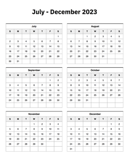 July to December 2023 Calendar