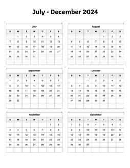 July to December 2024 Calendar