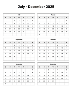 July to December 2025 Calendar