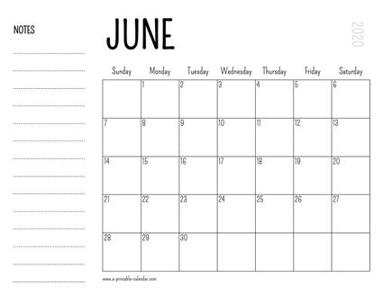 June 2020 Printable Calendar