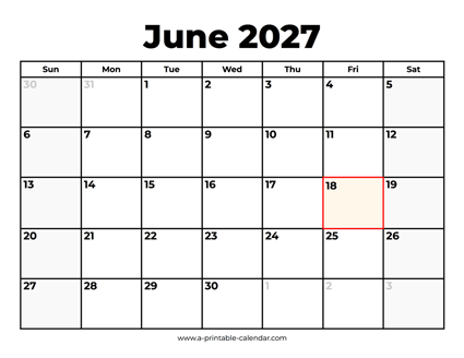 June 2027 Calendar With Holidays