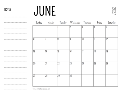 June 2027 Printable Calendar