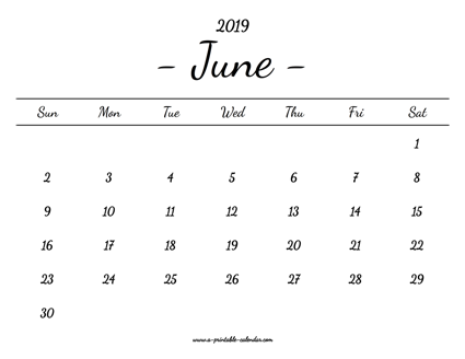 June Calendar 2019 Printable - A Printable Calendar