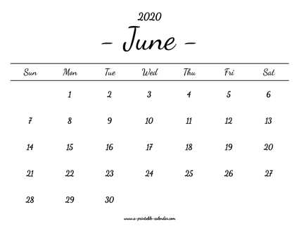June Calendar 2020 Printable