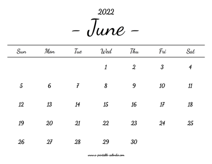 June Calendar 2022 Printable