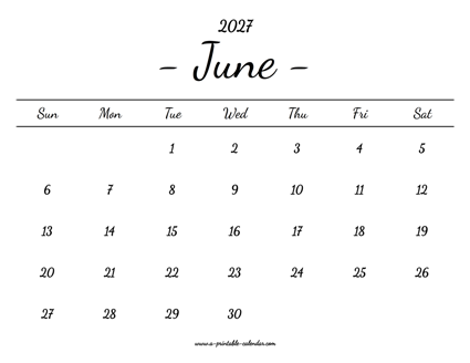 June Calendar 2027 Printable