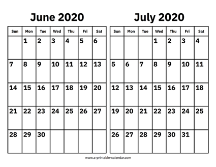 June and July 2020 Calendar