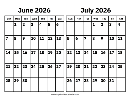 June and July 2026 Calendar