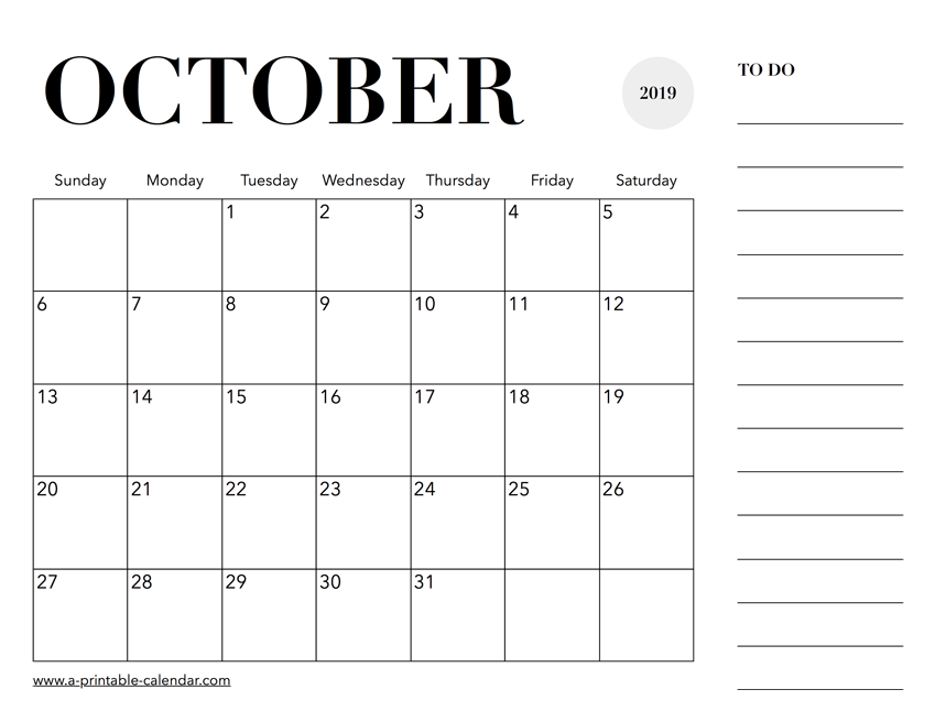 2019 Calendar October - A Printable Calendar