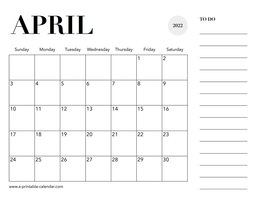 2022 Calendar April 2022 Calendar April