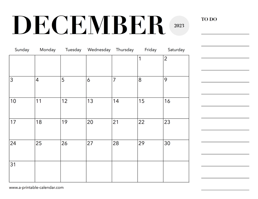 2023 Calendar December A Printable Calendar