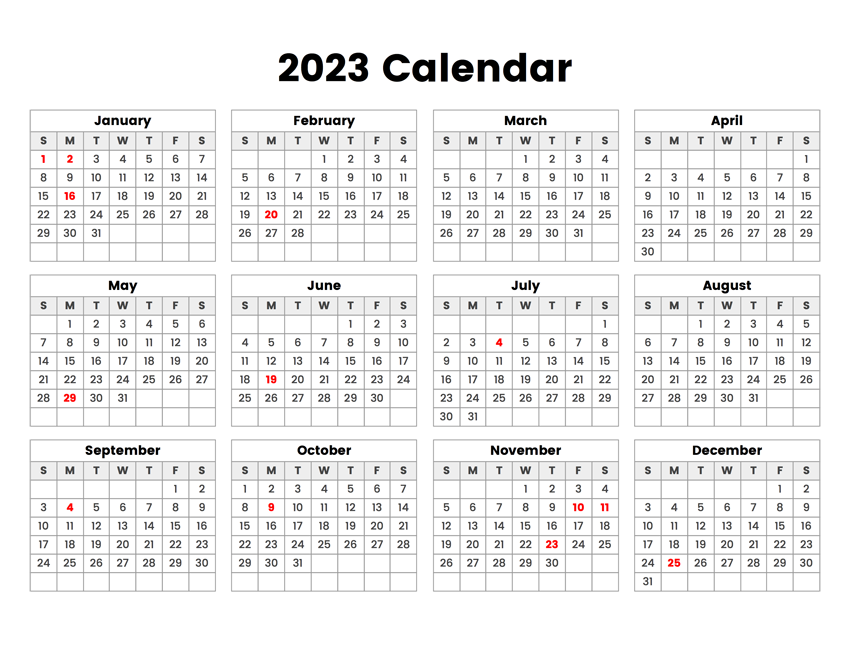 2023 Year Calendar With Holidays A Printable Calendar