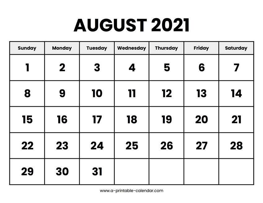 August 2021 Calendar Printable A Printable Calendar