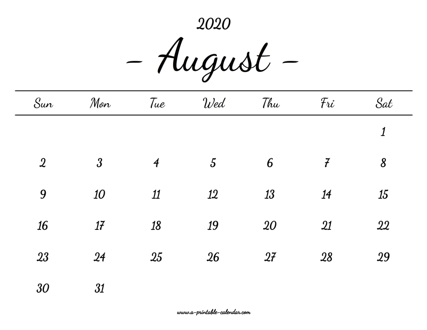 August Calendar 2020 Printable - A Printable Calendar