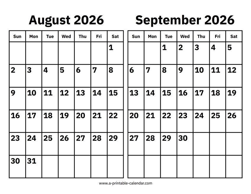 August and September 2026 Calendar - A Printable Calendar