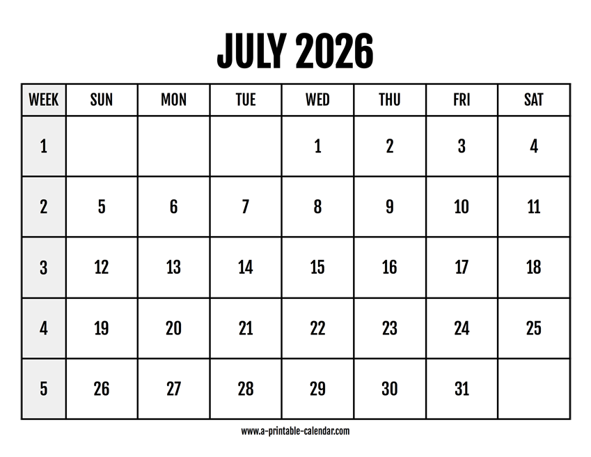 Calendar 2026 July - A Printable Calendar