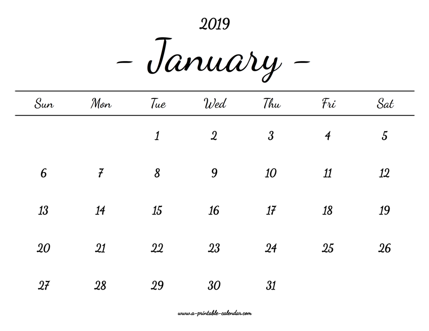 January Calendar 2019 Printable image relating to Printable January Calendar referred to as January Calendar 2019 Printable