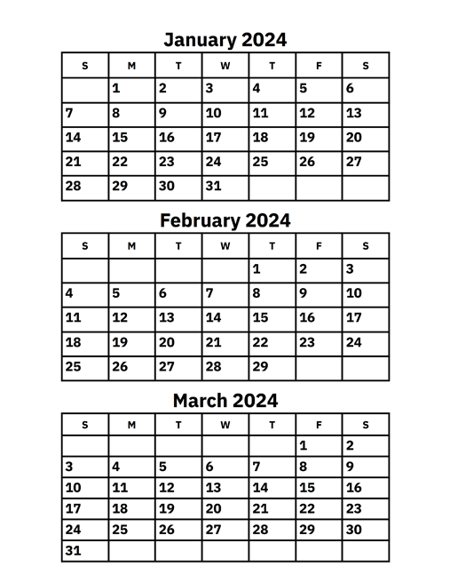 January, February and March 2024 Calendar - A Printable Calendar