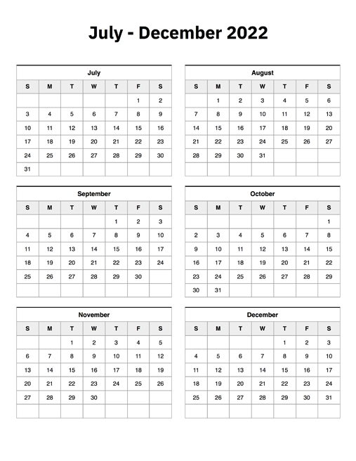 July To December 2022 Calendar A Printable Calendar