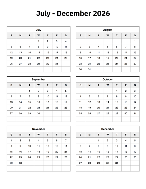 July To December 2026 Calendar A Printable Calendar July To December 2026 Calendar A Printable Calendar
