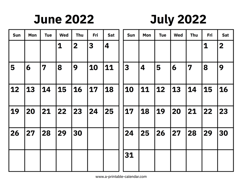 June And July 2022 Calendar A Printable Calendar