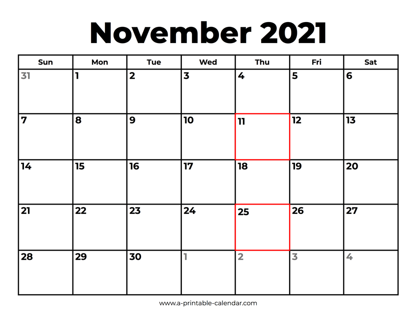 November 2021 Calendar With Holidays A Printable Calendar