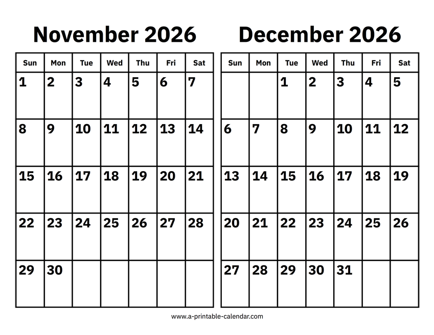November and December 2026 Calendar - A Printable Calendar