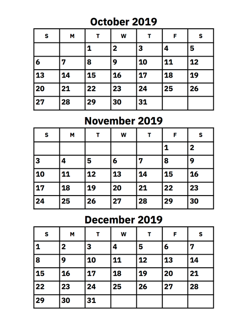 October, November And December 2019 Calendar – Printable Calendar 2019