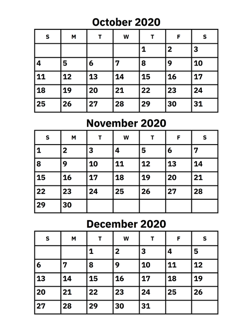 October, November And December 2020 Calendar – Printable Calendar 2020