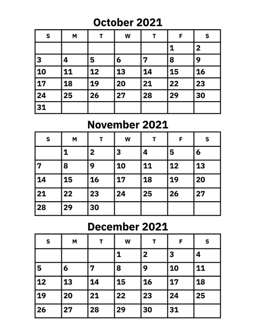 October November And December 2021 Calendar